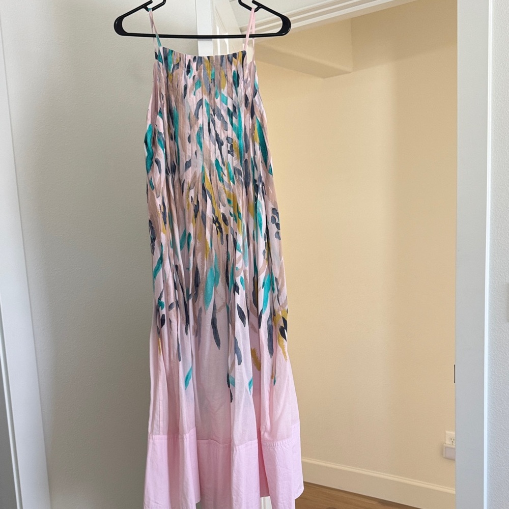 Anthropologie Pink Maxi Skirt with Teal, Yellow & Gray Brush Print